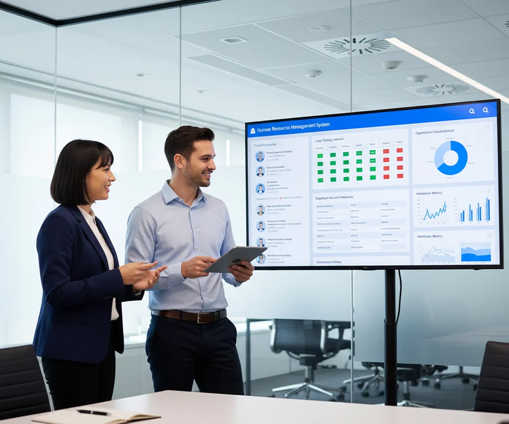 Driving Efficiency in Recruitment & HR with Digital Innovation-Two professionals stand in a glass-walled meeting room reviewing a human resources management system dashboard displayed on a large screen. One holds a tablet while both discuss charts and metrics showing employee data, performance indicators, and analytics, highlighting HR technology and data-driven workforce management.