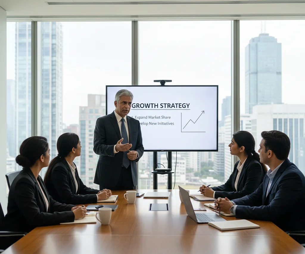 Leadership Hiring Services in India | Expert Recruitment-A senior executive presents a growth strategy to a leadership team in a boardroom with city views. A screen behind the presenter displays a chart and key points about expanding market share and developing new initiatives, while team members listen, take notes, and review laptops, illustrating strategic planning and executive decision-making.