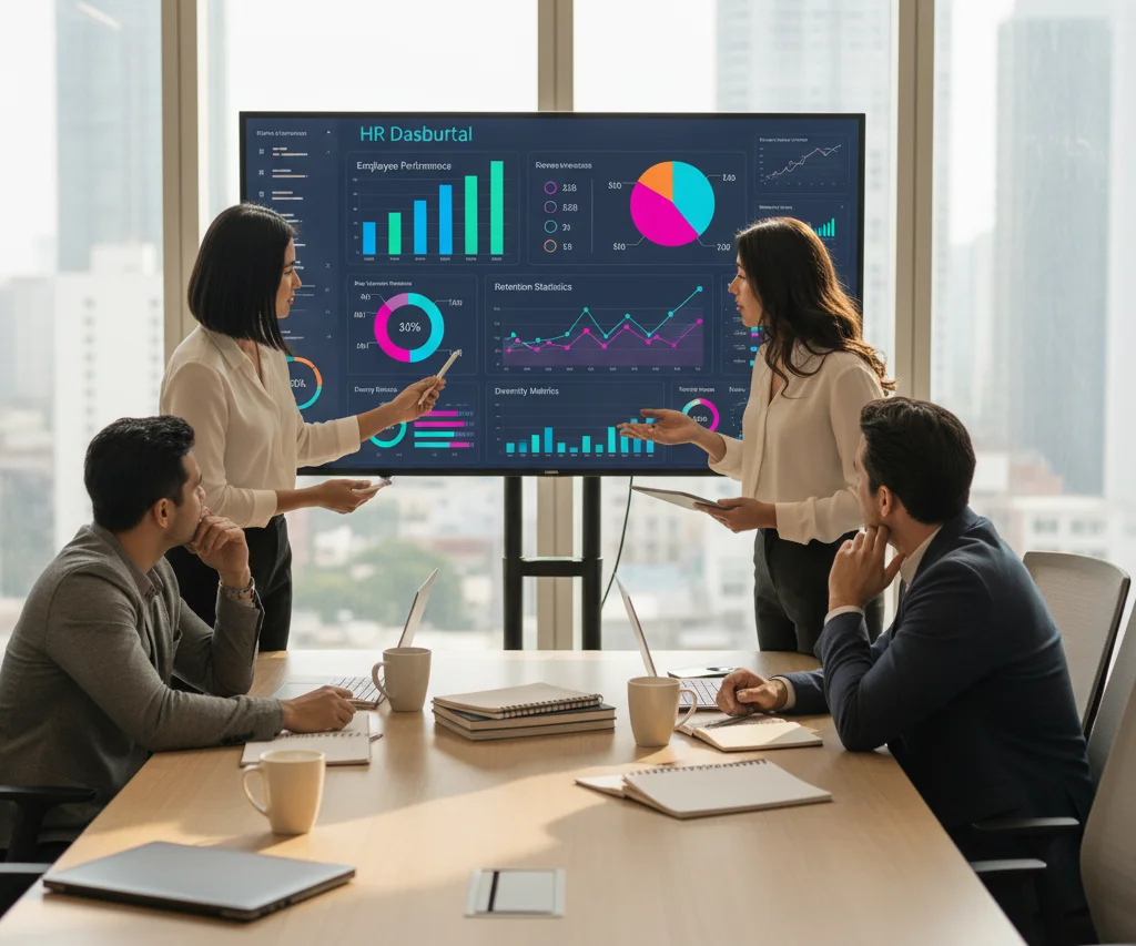 An HR team meets in a conference room to review an HR analytics dashboard displayed on a large screen. Two team members present charts showing employee performance, retention, diversity metrics, and trends, while others listen and take notes, highlighting data-driven decision-making in modern HR teams.