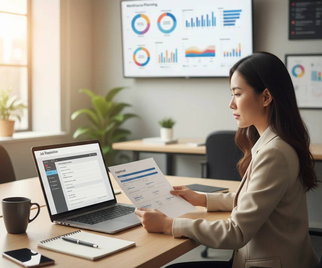 Job Requisitions Explained: An HR Practitioner’s Guide-An HR professional sits at a desk reviewing a printed job requisition form while working on a laptop displaying a job requisition system. Charts and workforce planning dashboards appear on a screen in the background, highlighting the HR process of creating, reviewing, and approving job requisitions.