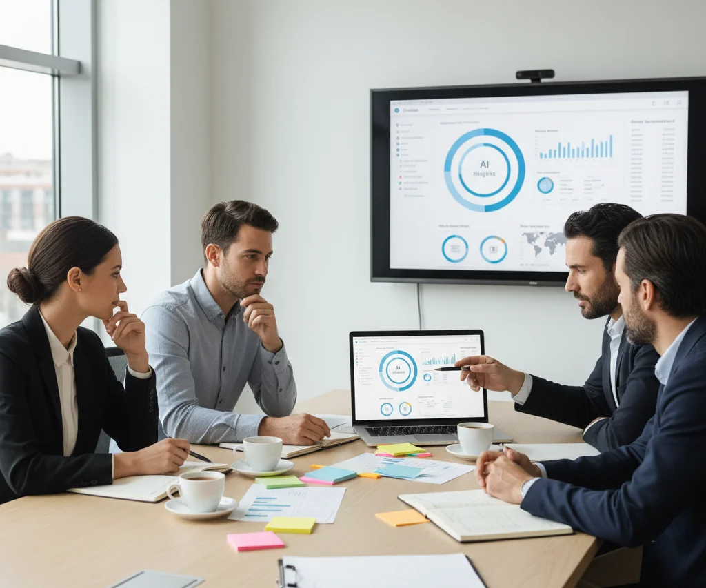 A group of executives and advisors meet around a conference table reviewing business performance and AI insights displayed on a laptop and a wall-mounted screen. Charts and dashboards show growth trends and analytics, while participants discuss strategy with notes, coffee cups, and sticky notes on the table, illustrating expert board advisory and data-driven decision-making.