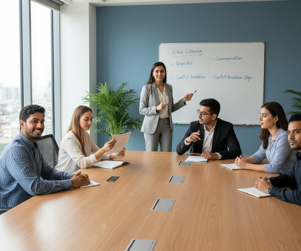 POSH Training: Importance & Benefits for Workplace Safety-In a bright conference room with floor-to-ceiling windows, a woman in a grey suit stands at the head of a long wooden table, leading a workshop. She points toward a whiteboard that lists key interpersonal skills, including Active Listening, Communication, Respectful, Conflict Resolution, and Conflict Resolution Steps. Five colleagues sit around the table, listening and engaging with the presentation. The room is modern and airy, with a large potted plant in the corner and a view of a hazy cityscape in the background.