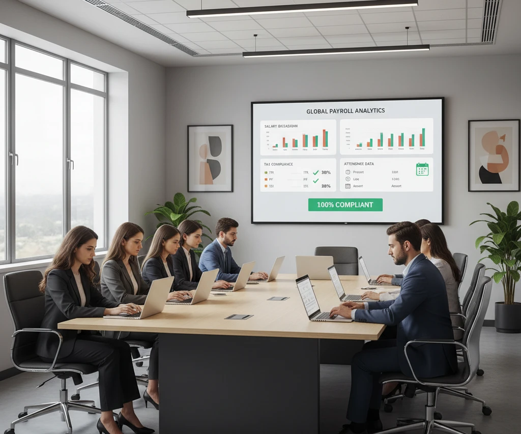 In a clean, modern conference room, seven professionals in business attire are seated at a long, light-colored wooden table, focused on their individual laptops. A large digital screen mounted on the wall displays a "GLOBAL PAYROLL ANALYTICS" dashboard, which features bar charts for salary breakdown, attendance data with a green calendar icon, and a prominent green button labeled "100% COMPLIANT." The room is bright with natural light from large windows and is decorated with minimalist framed art and several large potted plants.