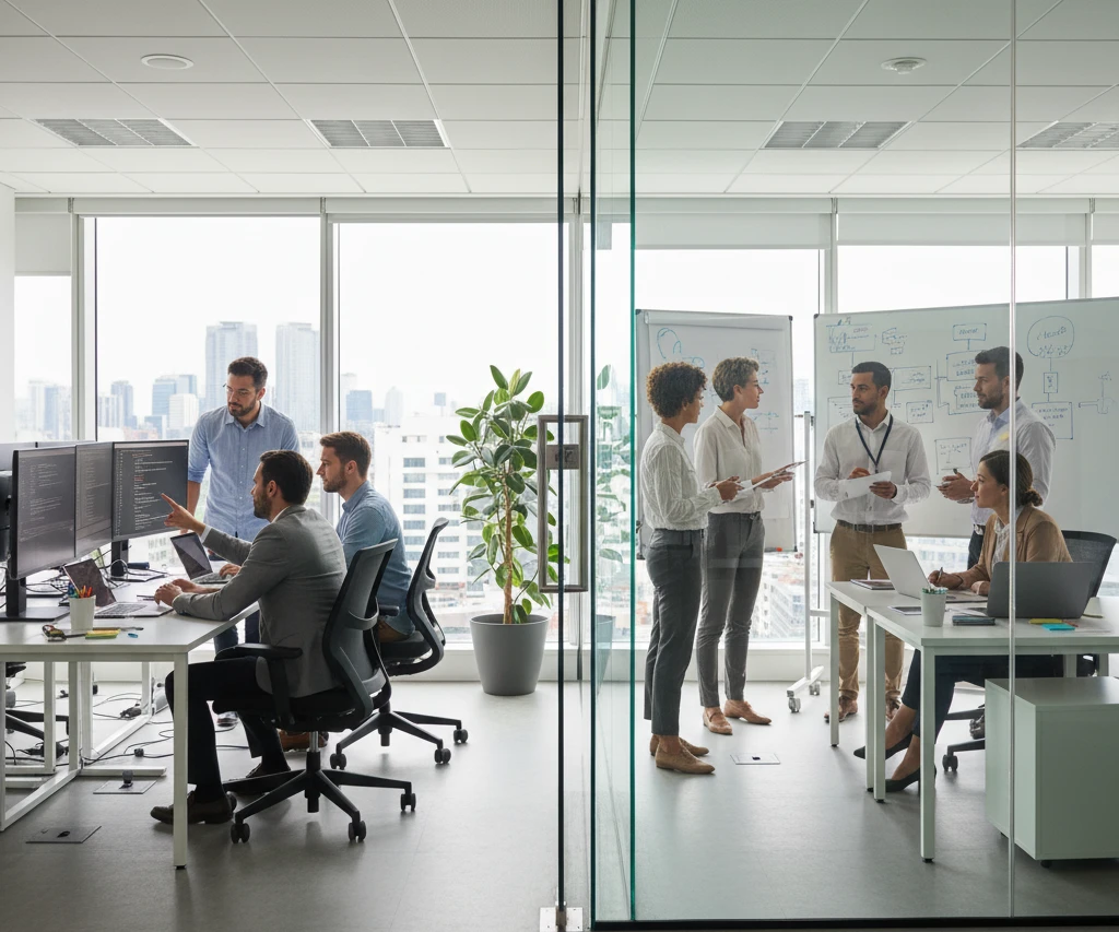 The Difference Between Training and Development-In a bright, glass-walled office with a wide view of a city skyline, two teams of professionals are working in adjacent glass-enclosed spaces. On the left, four men in business-casual attire collaborate at a long white desk; one seated man points toward a triple-monitor setup displaying technical code while his colleagues observe and discuss. On the right, through a glass partition, a diverse group of five colleagues—three men and two women—gather around a white table and a whiteboard filled with flowcharts and diagrams, engaged in a group discussion. The minimalist, modern workspace is filled with natural light and accented with a large potted plant.