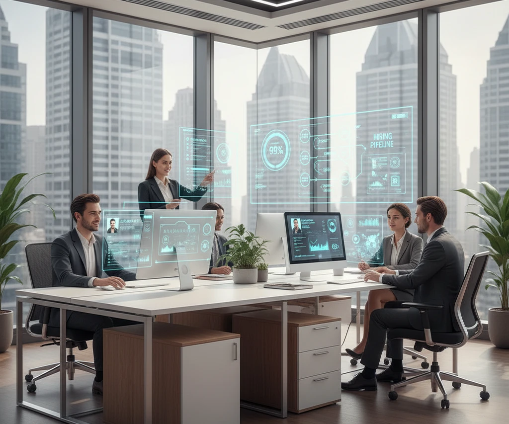 Top Recruitment Technology Tools in 2025 You Need-Four professionals work in a modern office where futuristic holographic displays show a "HIRING PIPELINE" and a "99%" completion metric floating above their desks.
