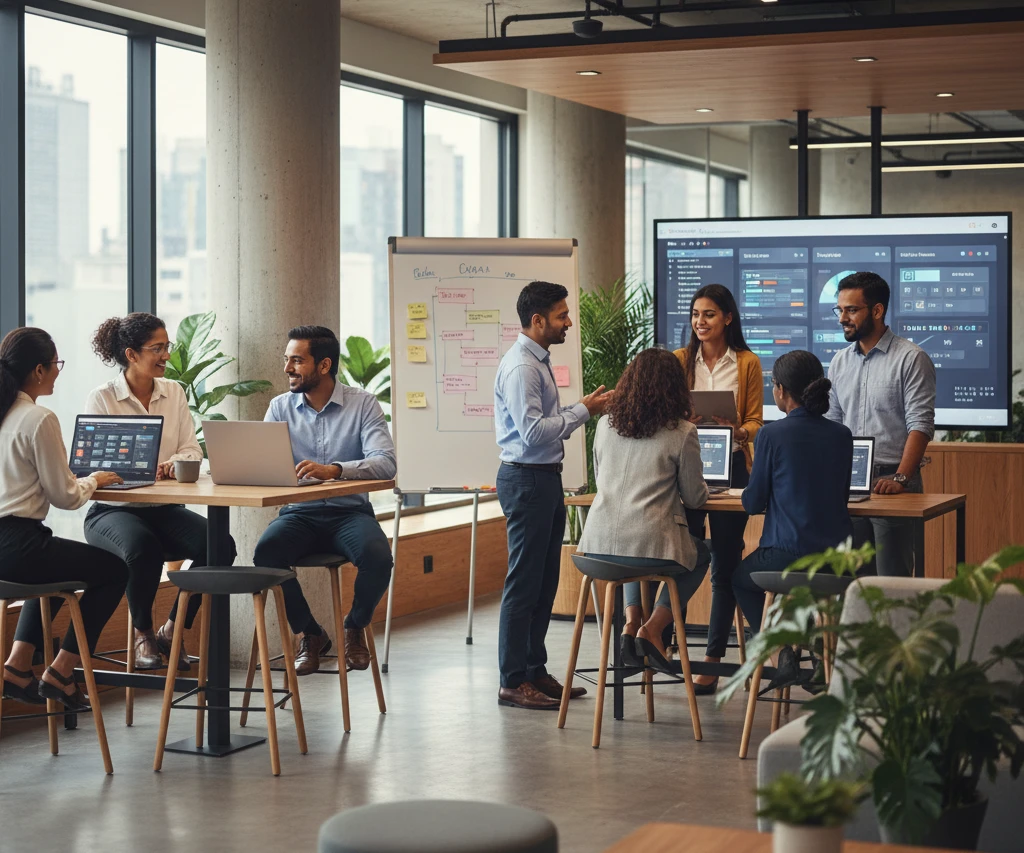 10 Reasons Skill-Based Learning Drives Workplace Success-A group of eight professionals collaborate in a bright, industrial-style open office. The scene shows multiple small teams: one group talks around a high-top table with laptops, while others stand near a whiteboard with flowcharts and a large interactive dashboard screen displaying data charts.