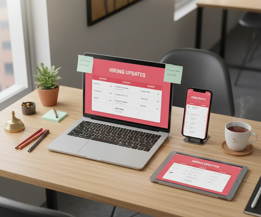 In a clean, minimalist workspace, a laptop, tablet, and smartphone are all synced to a red and white "HIRING UPDATES" dashboard. The laptop screen features two sticky notes on its corners, and the wooden desk is neatly organized with a small potted plant, pens, a notepad, and a steaming cup of tea. The bright, airy environment suggests a focused and modern approach to managing recruitment data across multiple devices.